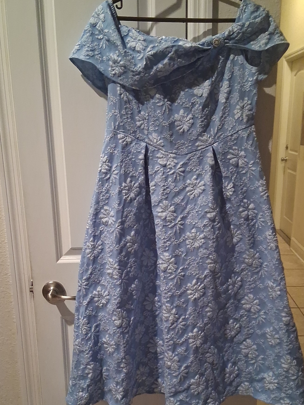 Girls Blue Floral Lace Off-Shoulder Dress